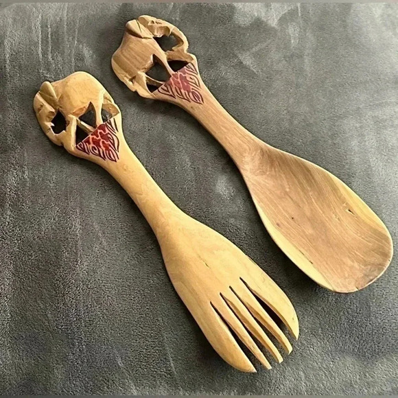 💟💎Vintage Hand carved Elephant Salad Serving Teak Wood Spoon & Fork - Picture 4 of 12